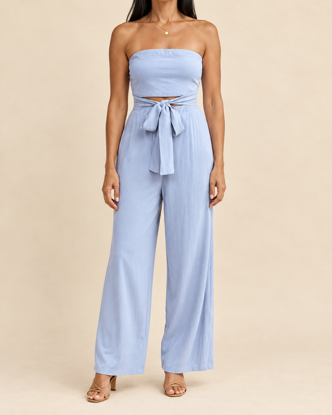 Lisette - Strapless Tie Waist Jumpsuit in sky blue, front view