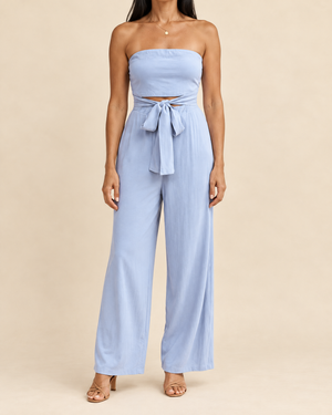Lisette - Strapless Tie Waist Jumpsuit in sky blue, front view