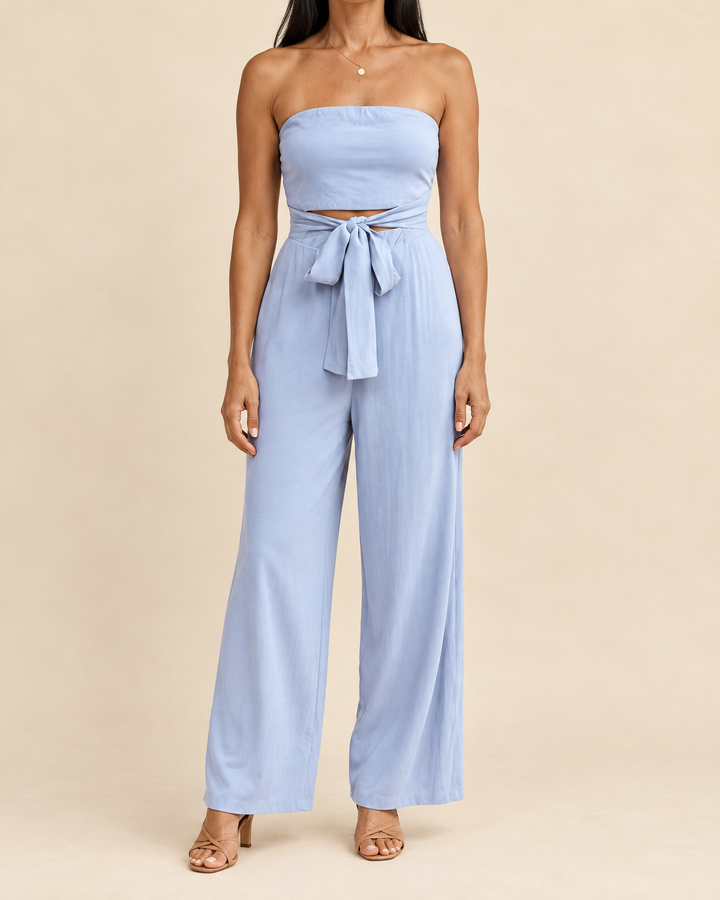 Lisette - Strapless Tie Waist Jumpsuit in sky blue, front view