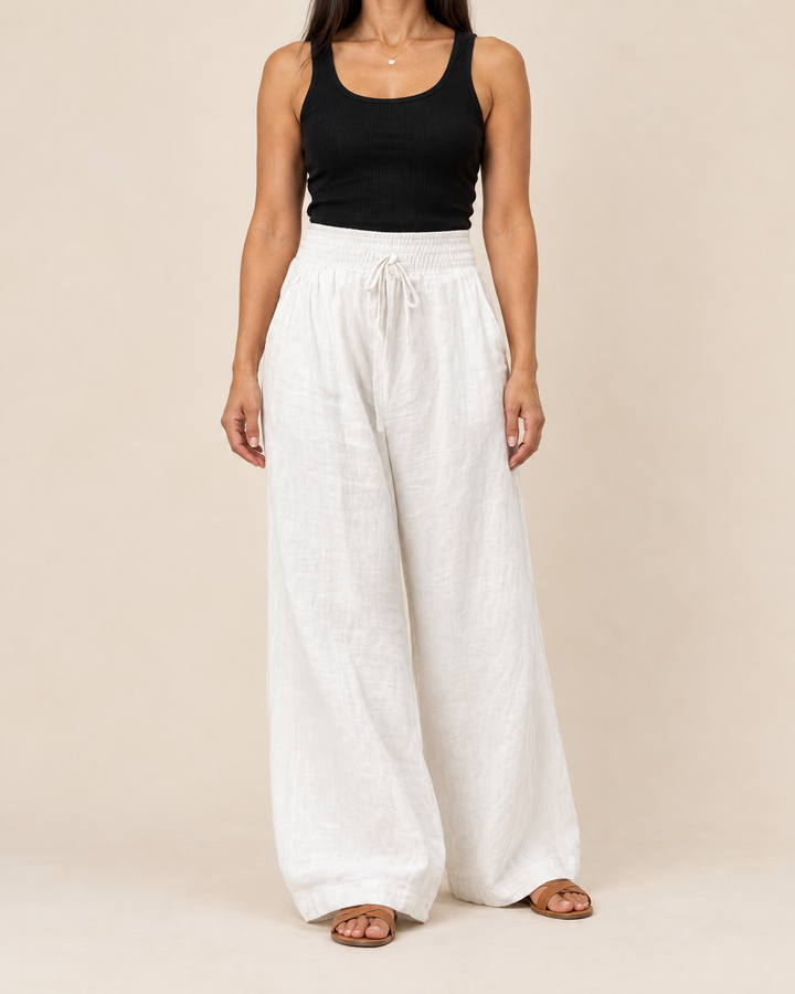 Manon - Wide Leg Drawstring Pants in white, front view