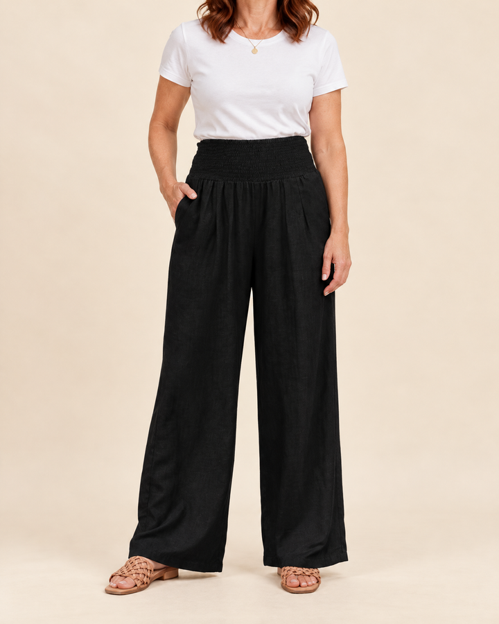 Eugenie - Smocked Waist Wide Leg Pants in black, front view