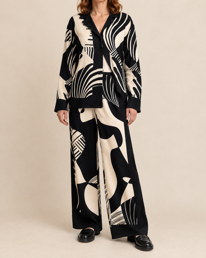 Octavie - Printed Shirt and Pants Set in black print, front view