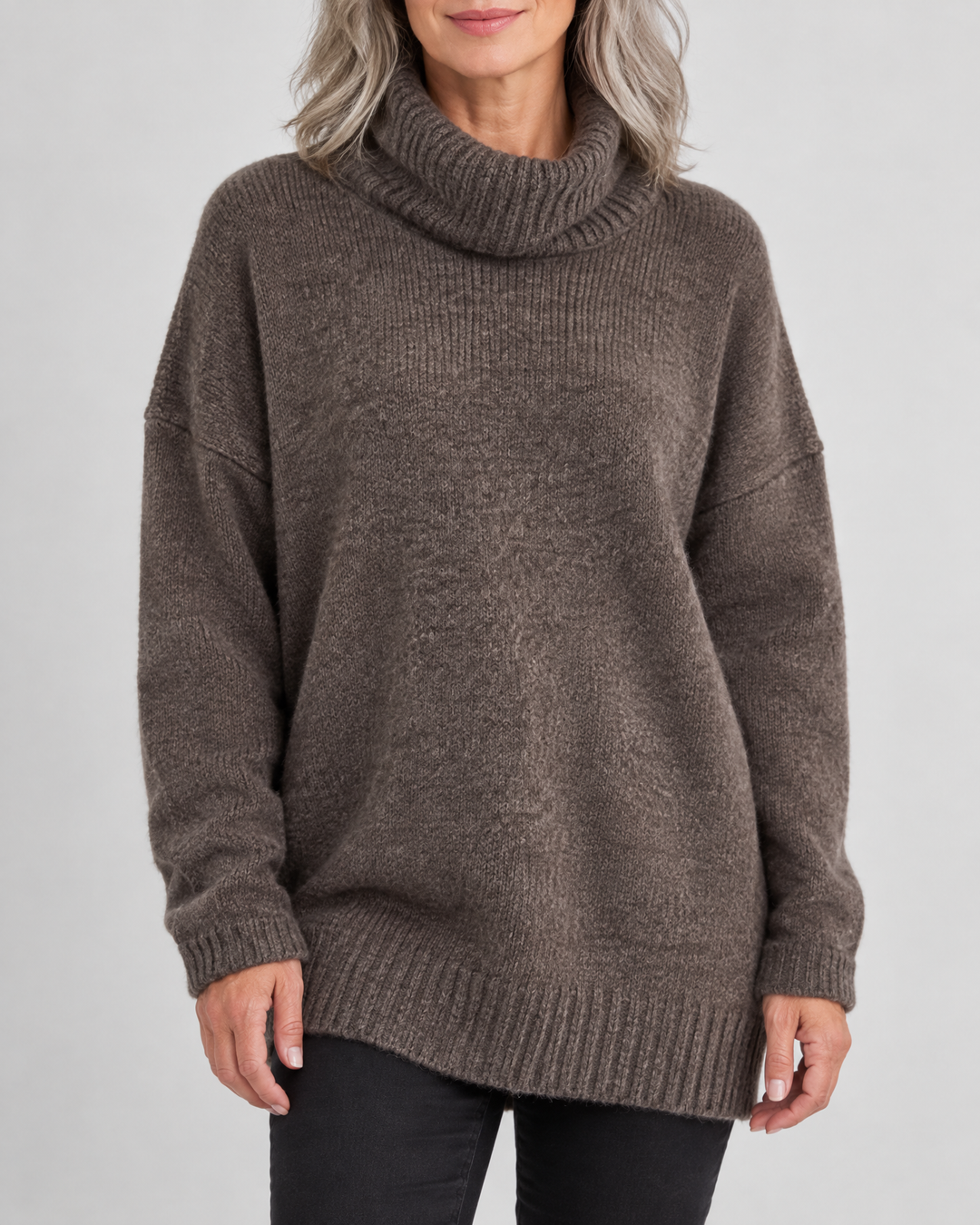 Thea - Turtleneck Pullover Sweater in dark chocolate, front view