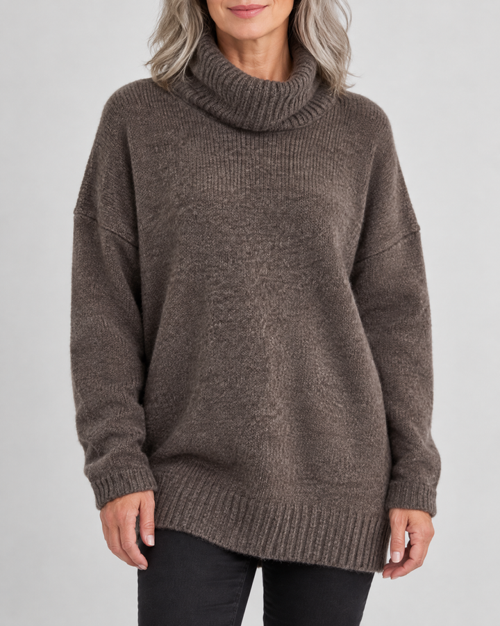 Thea - Turtleneck Pullover Sweater in dark chocolate, front view