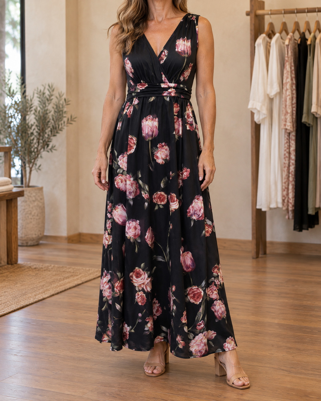 Amelie - V-Neck Floral Maxi Dress in black, front view