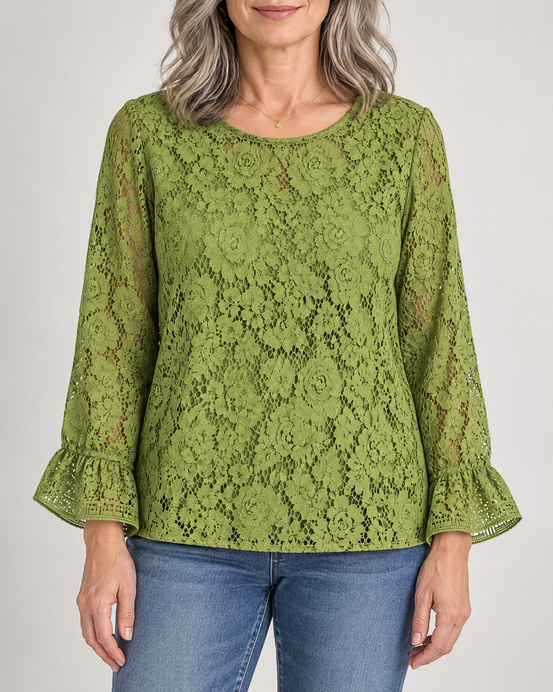 Violette - Lace Long Sleeve Top in green, front view