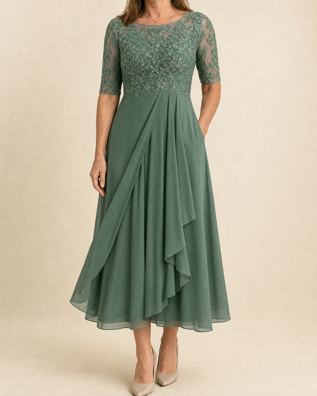 Odette - Elegant Dress in green, front view