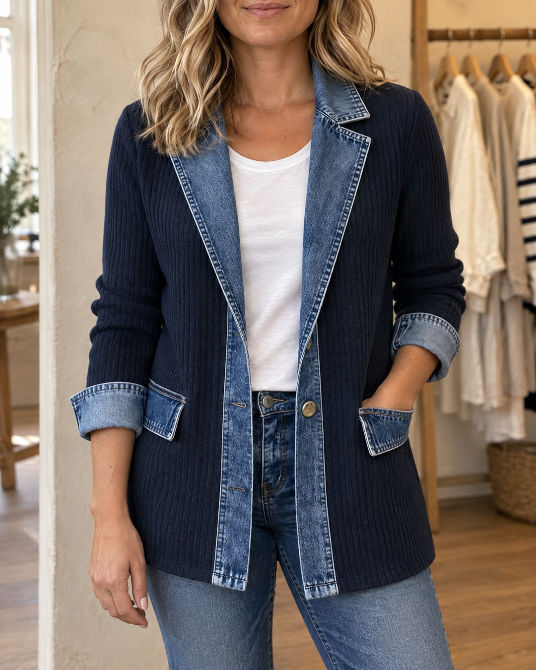 Clarisse - Knit and Denim Jacket in navy, front view