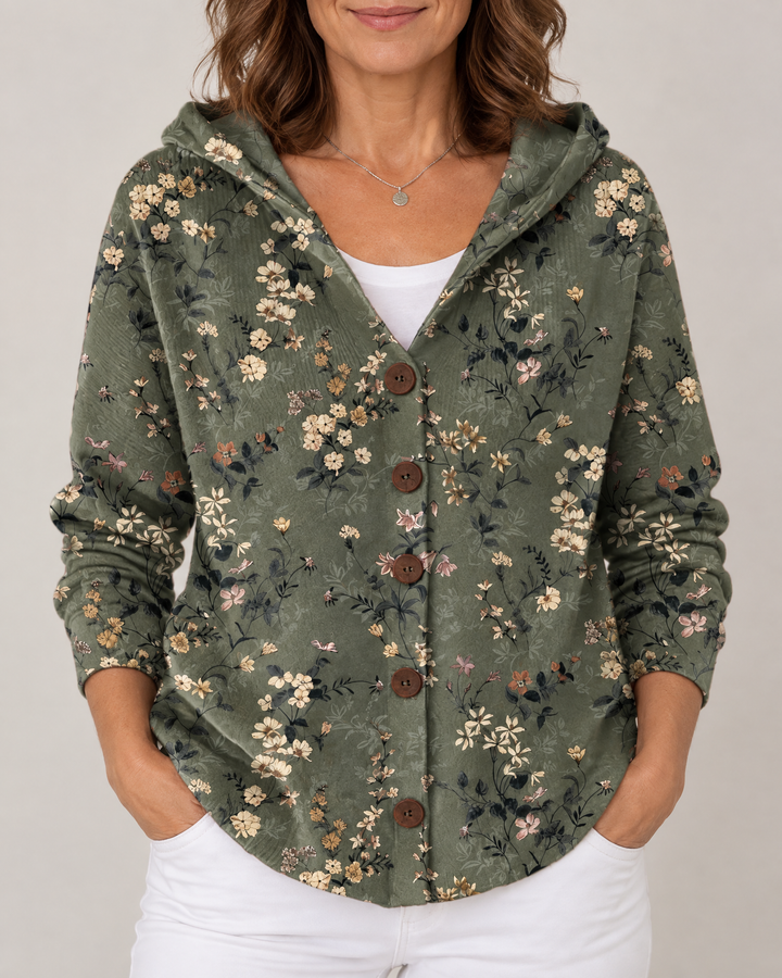 Isadora - Printed Hooded Cardigan in dark green, front view
