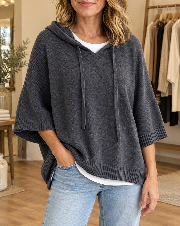Mariette - Hooded Knit Poncho in grey, front view
