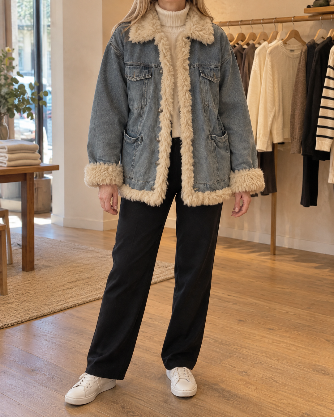 Raphaelle - Faux Fur Trim Denim Jacket in mid blue, front view