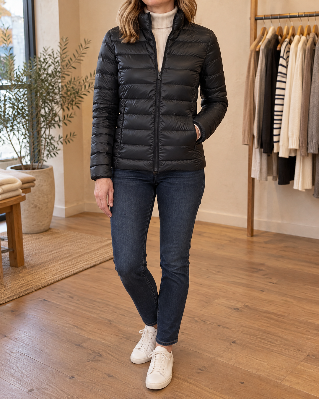 Aline - Lightweight Down Jacket in black, front view