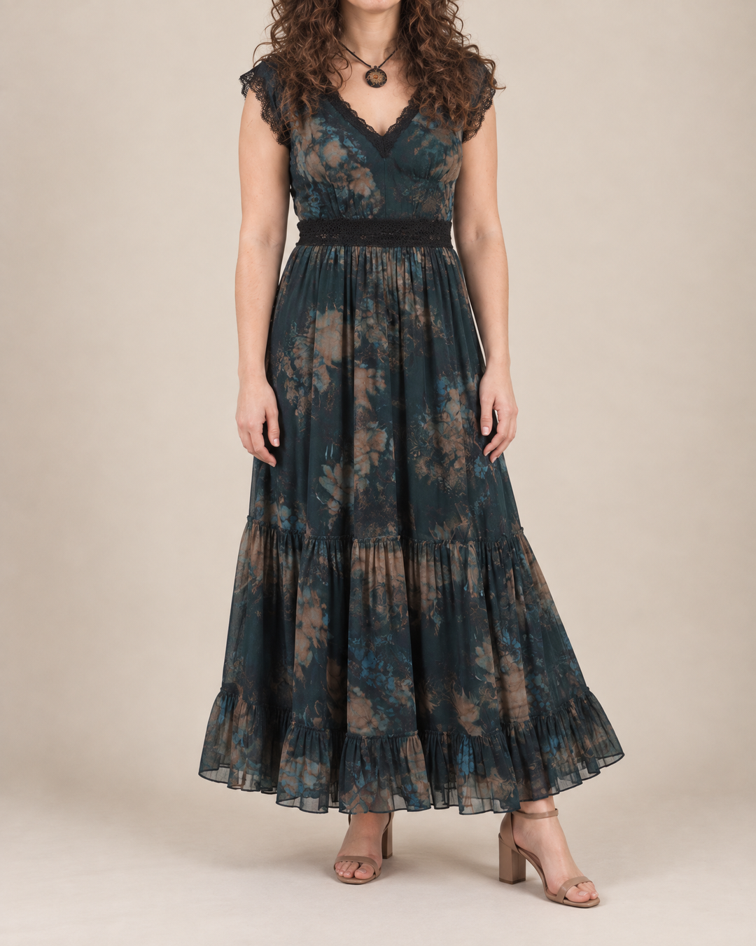 Cosette - Lace Trim Floral Maxi Dress, front view