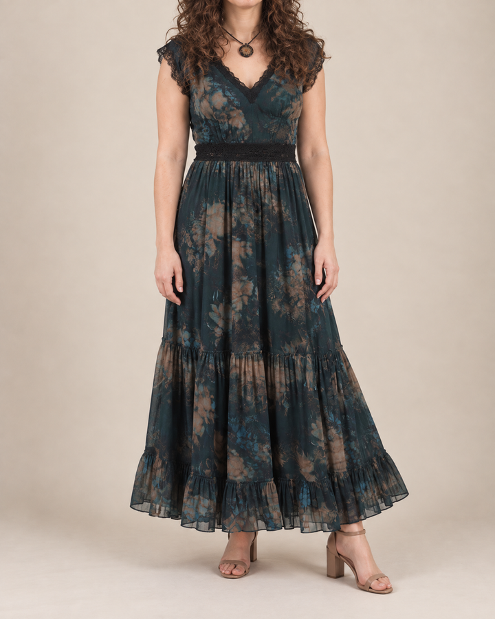 Cosette - Lace Trim Floral Maxi Dress, front view