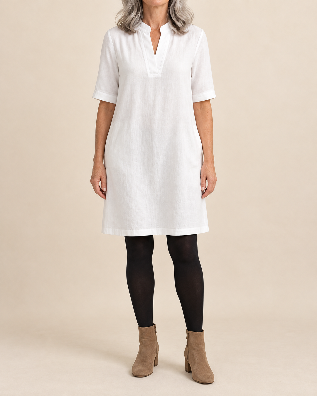 Irene - Notch Neck Shift Dress in white, front view