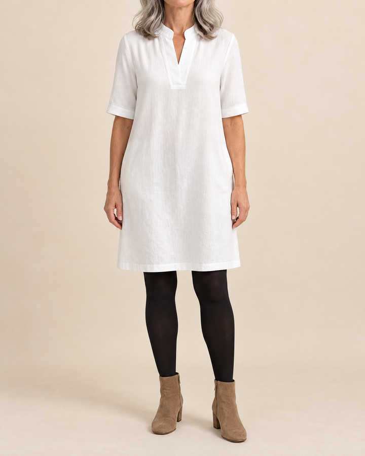 Irene - Notch Neck Shift Dress in white, front view