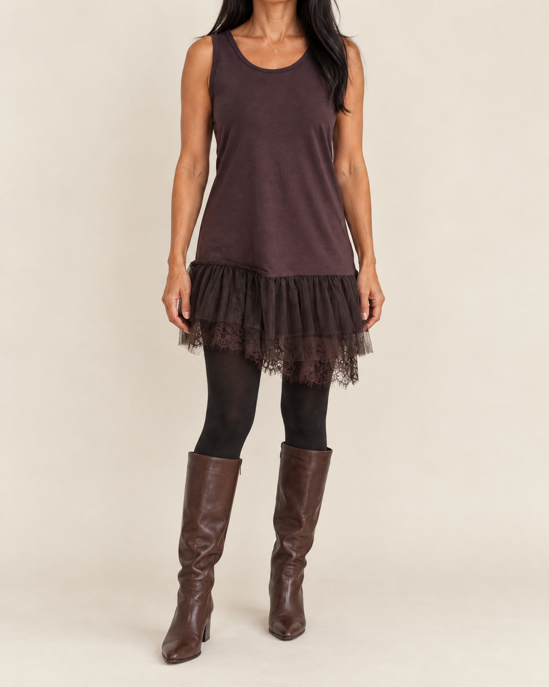 Sabine - Lace Trim Mini Dress in chocolate, front view