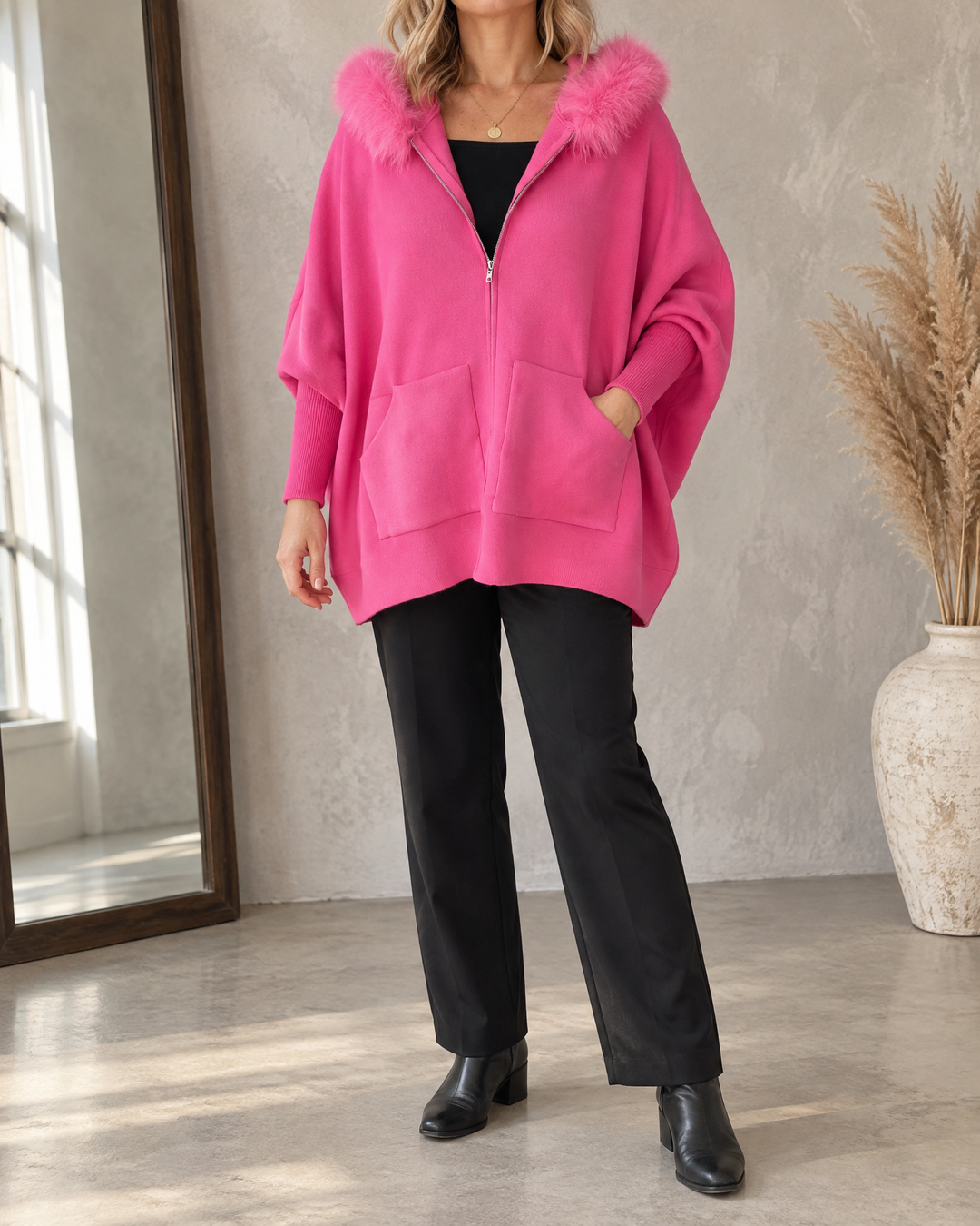 Liliane - Plush Collar Knit Cape in fuchsia, front view