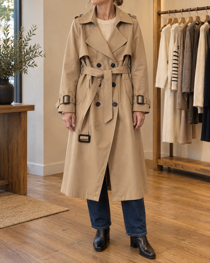 Monique - Long Belted Trench Coat in khaki, front view