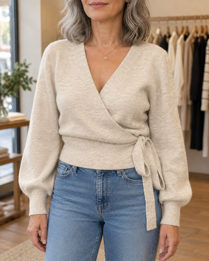 Amandine - Tie Wrap Knit Top in beige, front view