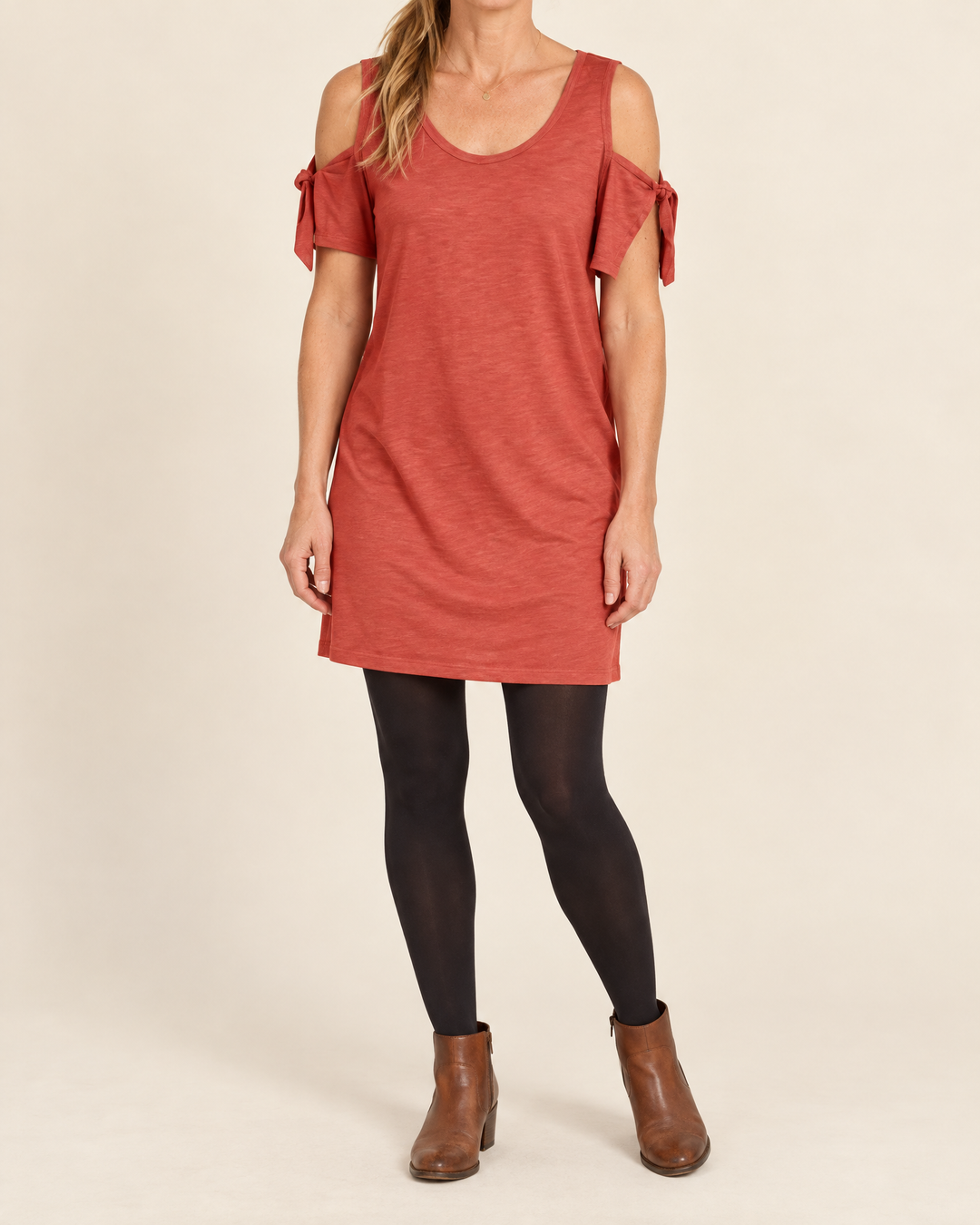 Yvette - Cold Shoulder Tee Dress in brick red, front view