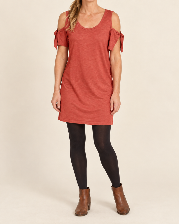 Yvette - Cold Shoulder Tee Dress in brick red, front view