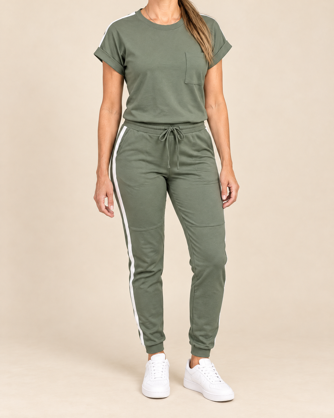 Veronique - Tee and Jogger Set in army green, front view
