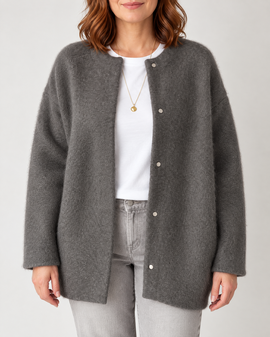 Hortense - Wool-Look Button Jacket in dark grey, front view