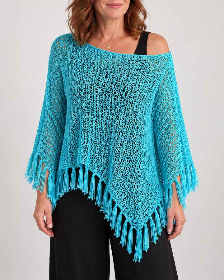 Oceane - Open Knit Tassel Poncho in turquoise, front view