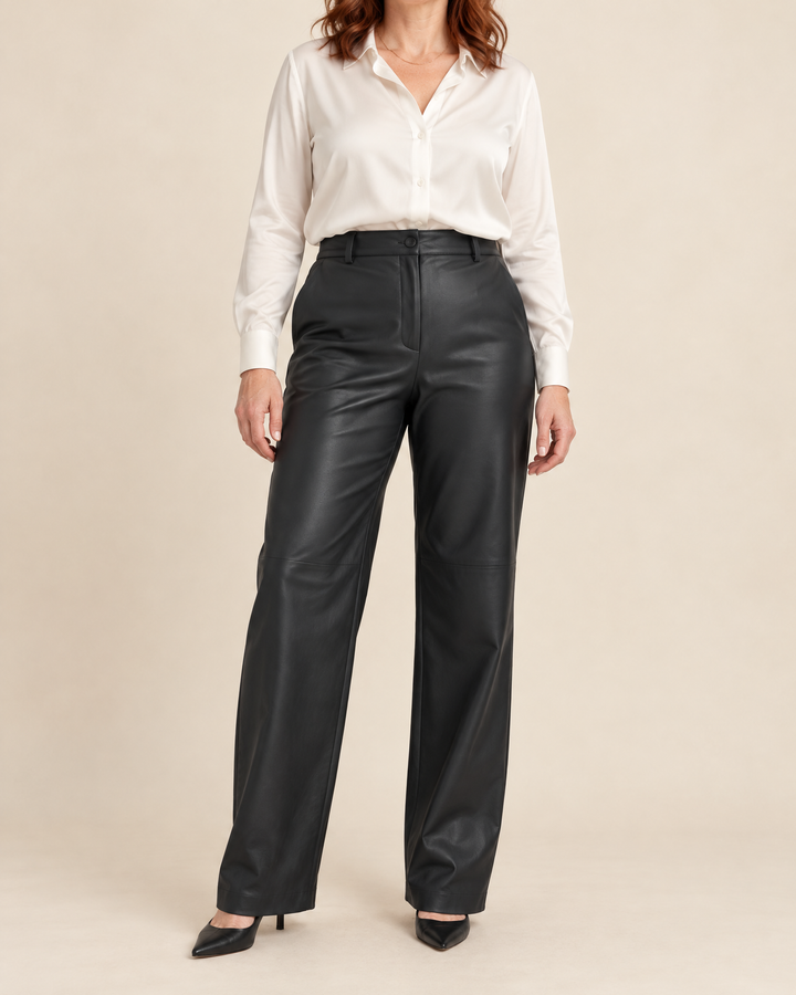 Pascale - Faux Leather Straight Pants in black, front view