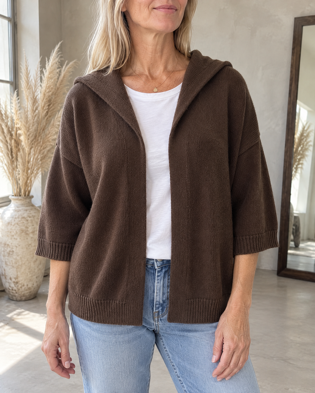 Viviane - Hooded Open-Front Cardigan in chocolate, front view