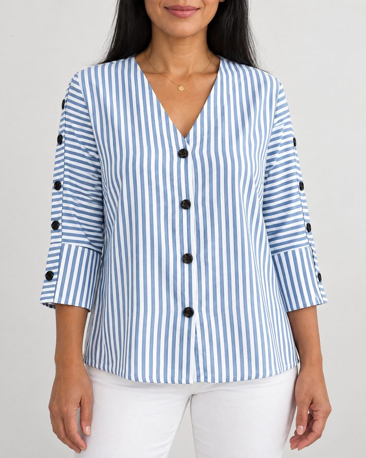 Simone - Button Sleeve Blouse in navy stripe, front view