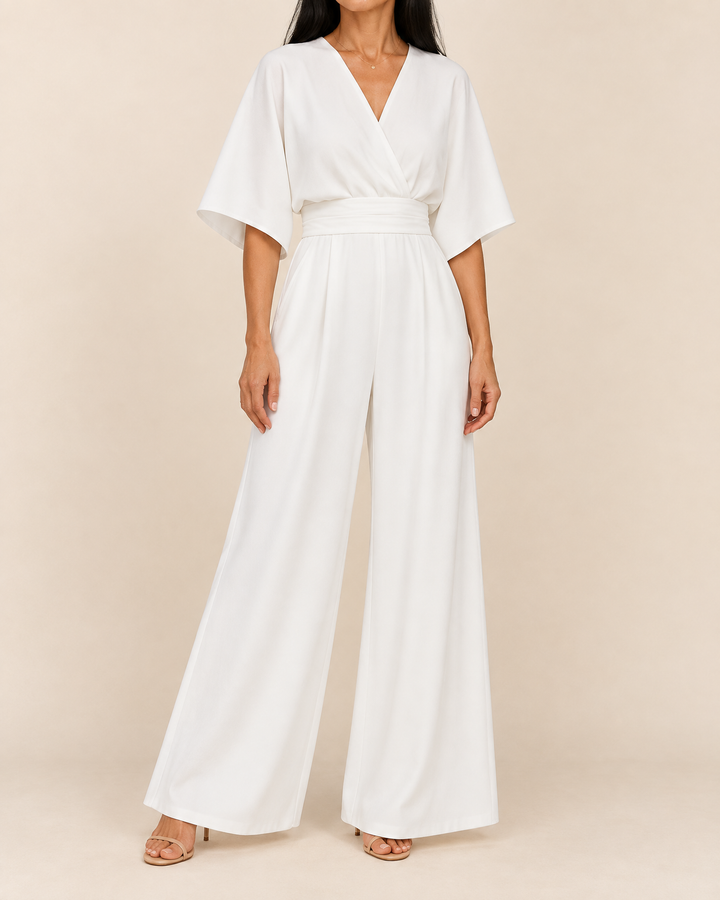 Eleonore - Kimono Sleeve Wide Leg Jumpsuit in white, front view