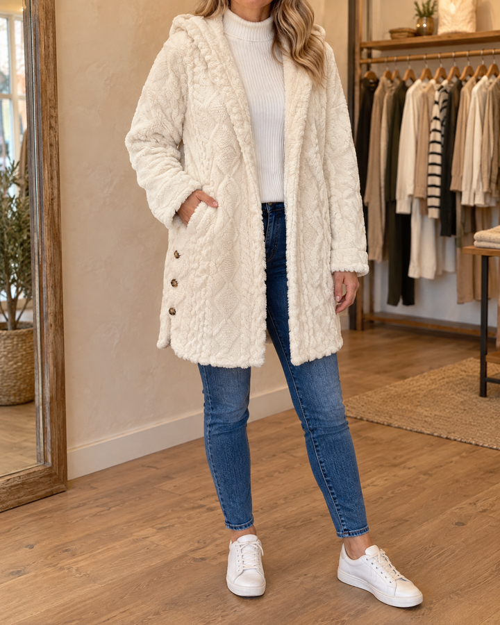 Corinne - Hooded Sherpa Jacket in white, front view
