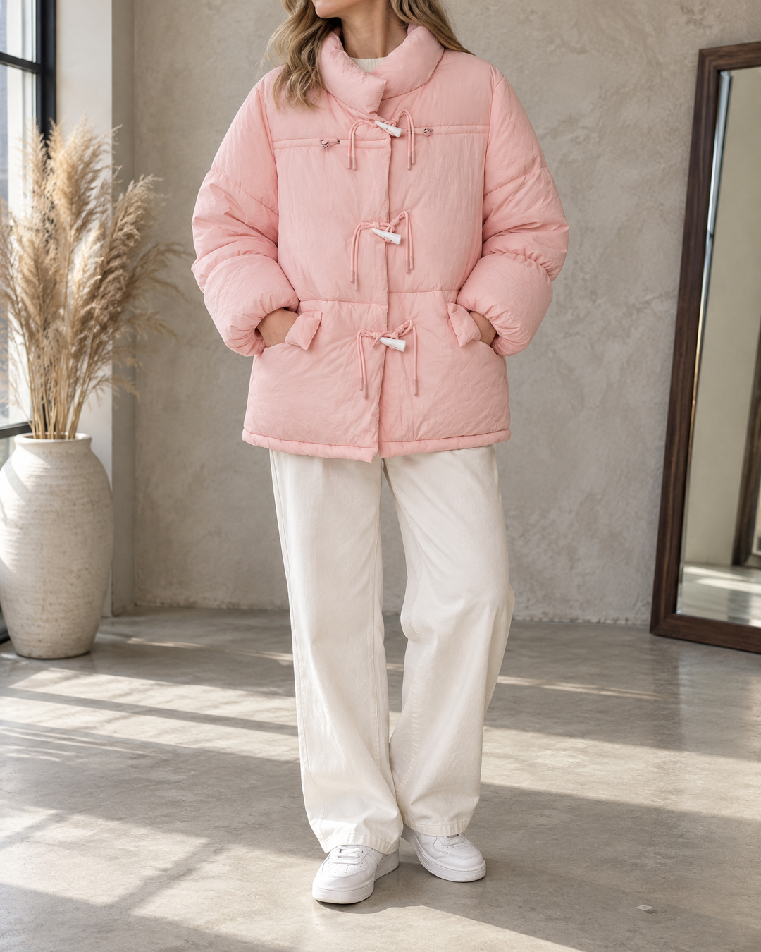 Ombeline - Toggle Button Puffer Jacket in pink, front view