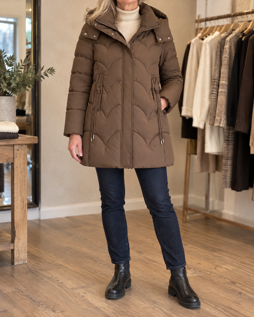 Esther - Wave Quilted Puffer Coat in mocha, front view