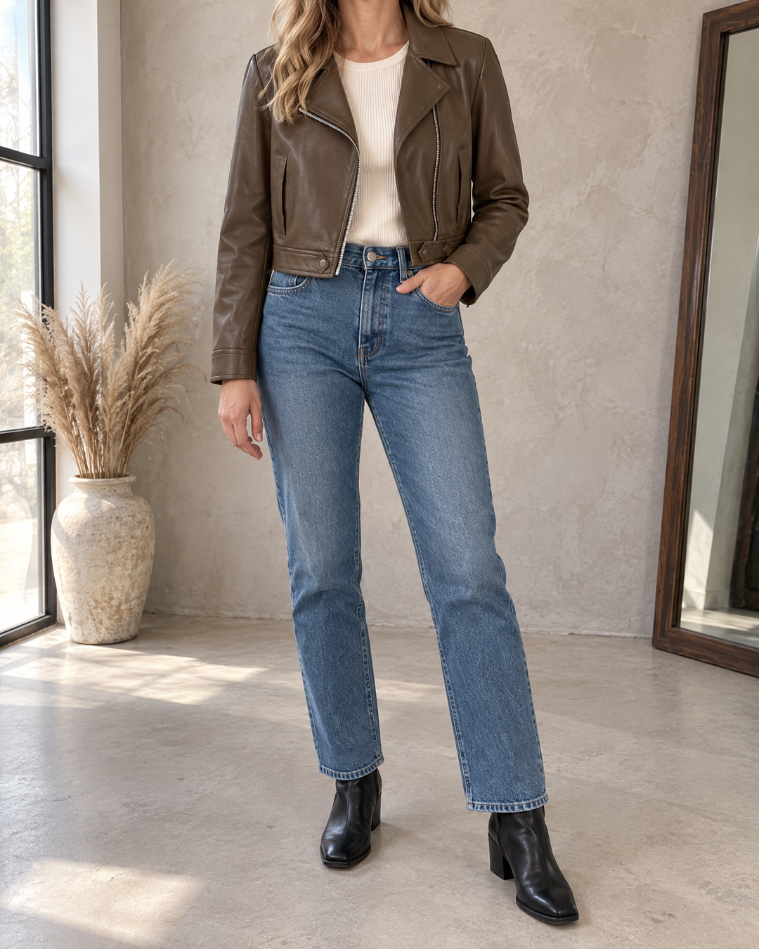 Valerie - Cropped Faux Leather Biker Jacket in brown, front view