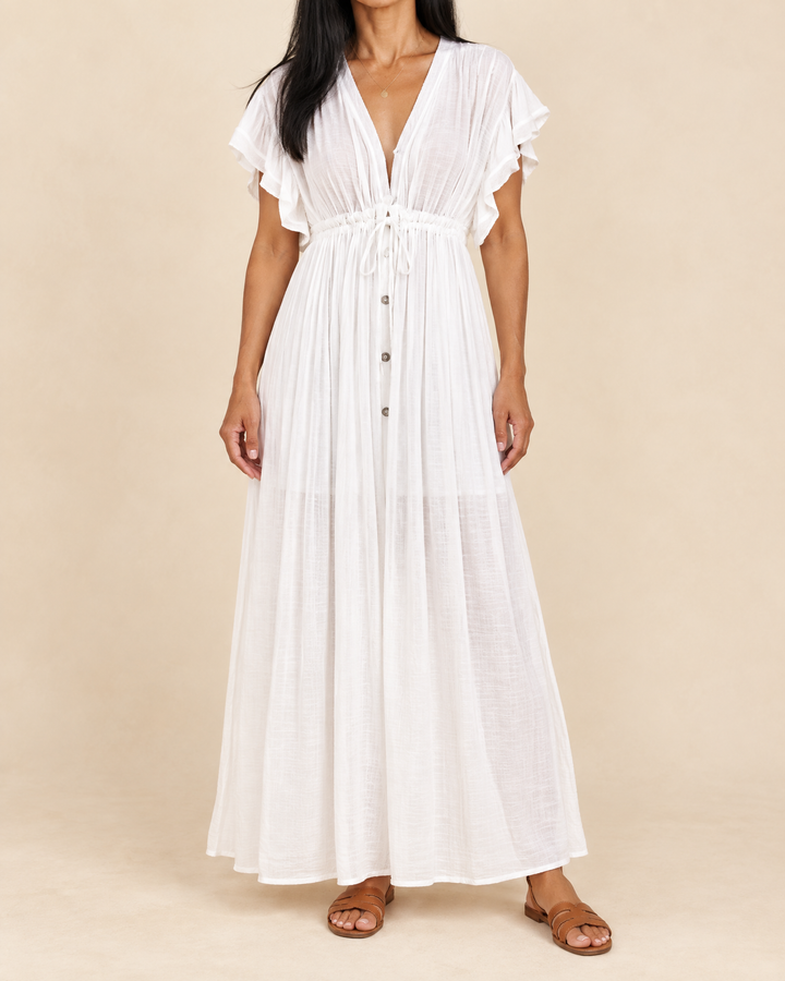 Solange - Button Front Maxi Dress in white, front view