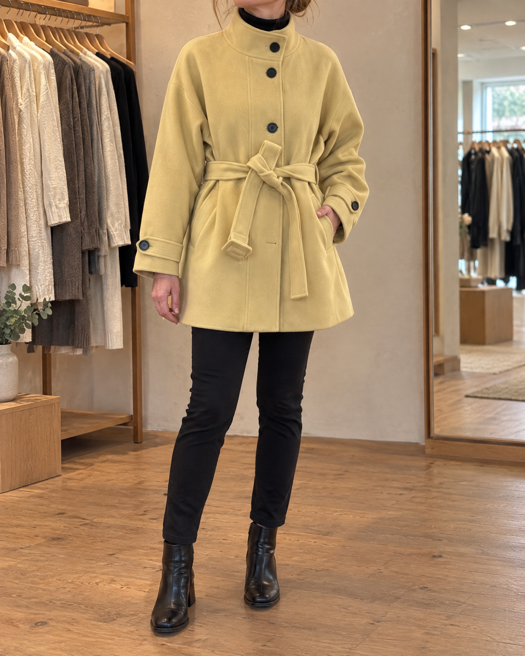 Lorelei - Belted Wool-Look Coat in mustard, front view