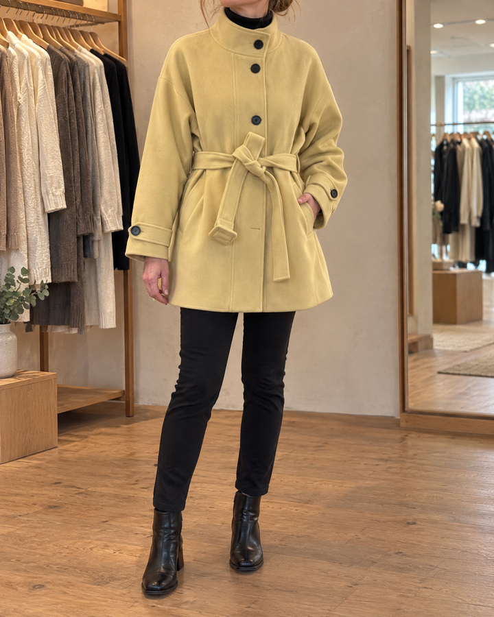 Lorelei - Belted Wool-Look Coat in mustard, front view