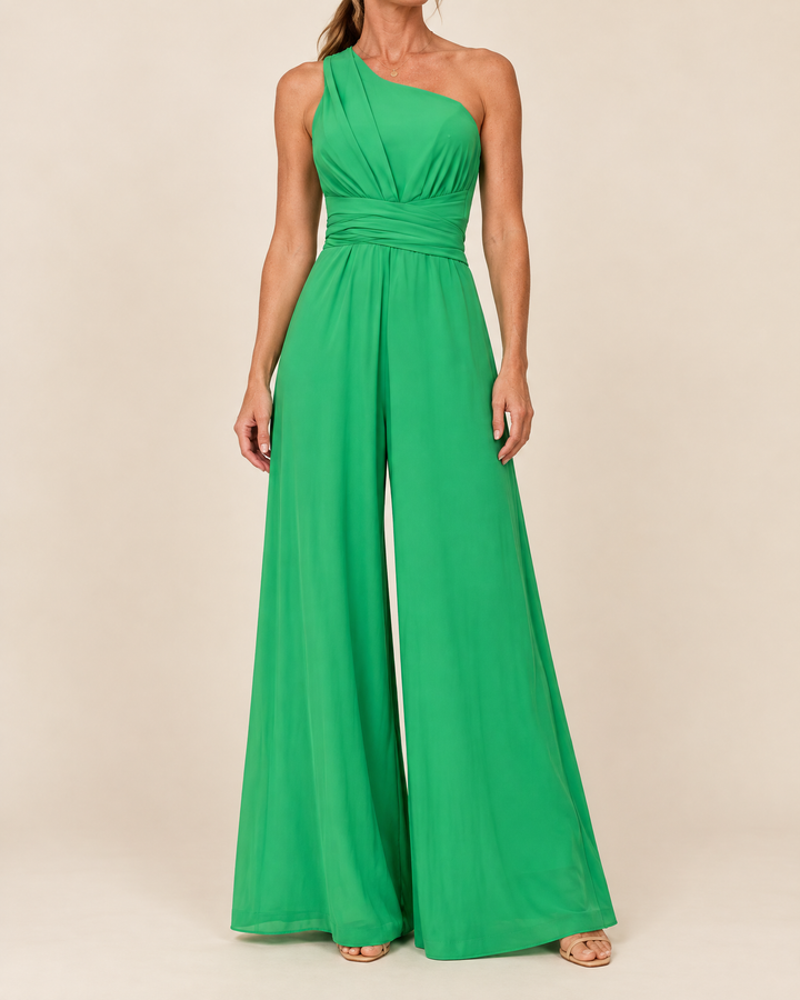 Constance - One Shoulder Wide Leg Jumpsuit in green, front view