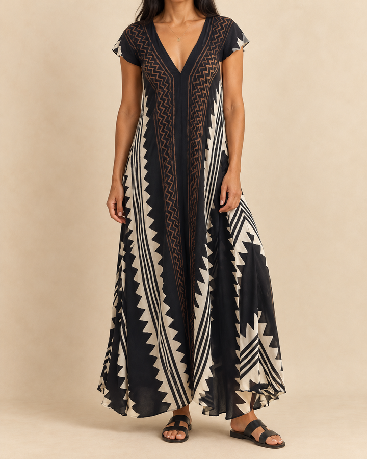 Ines - Colour Block Print Maxi Dress in black, front view