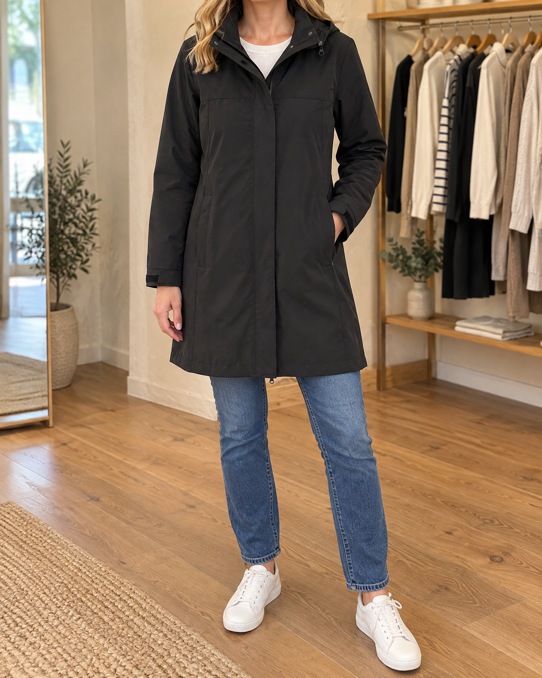 Jacqueline - Water-Repellent Hooded Coat in black, front view