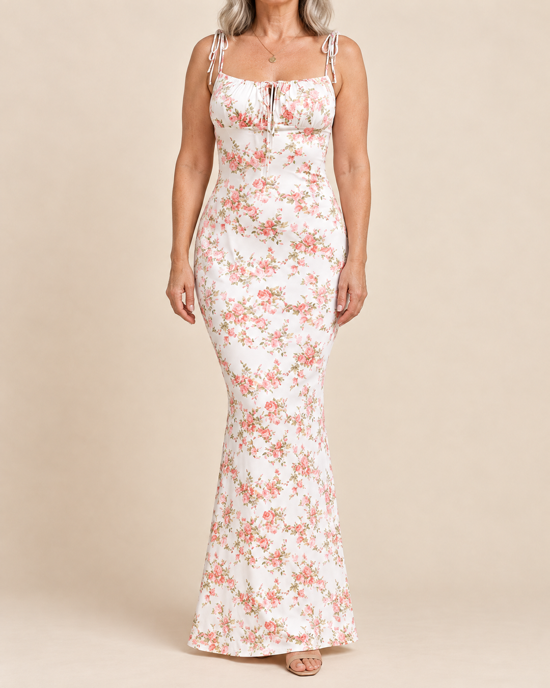 Adele - Floral Cami Fishtail Maxi Dress in pink rose, front view