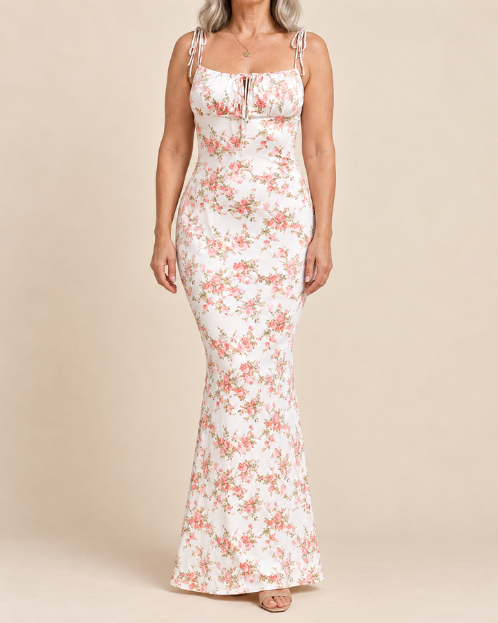Adele - Floral Cami Fishtail Maxi Dress in pink rose, front view