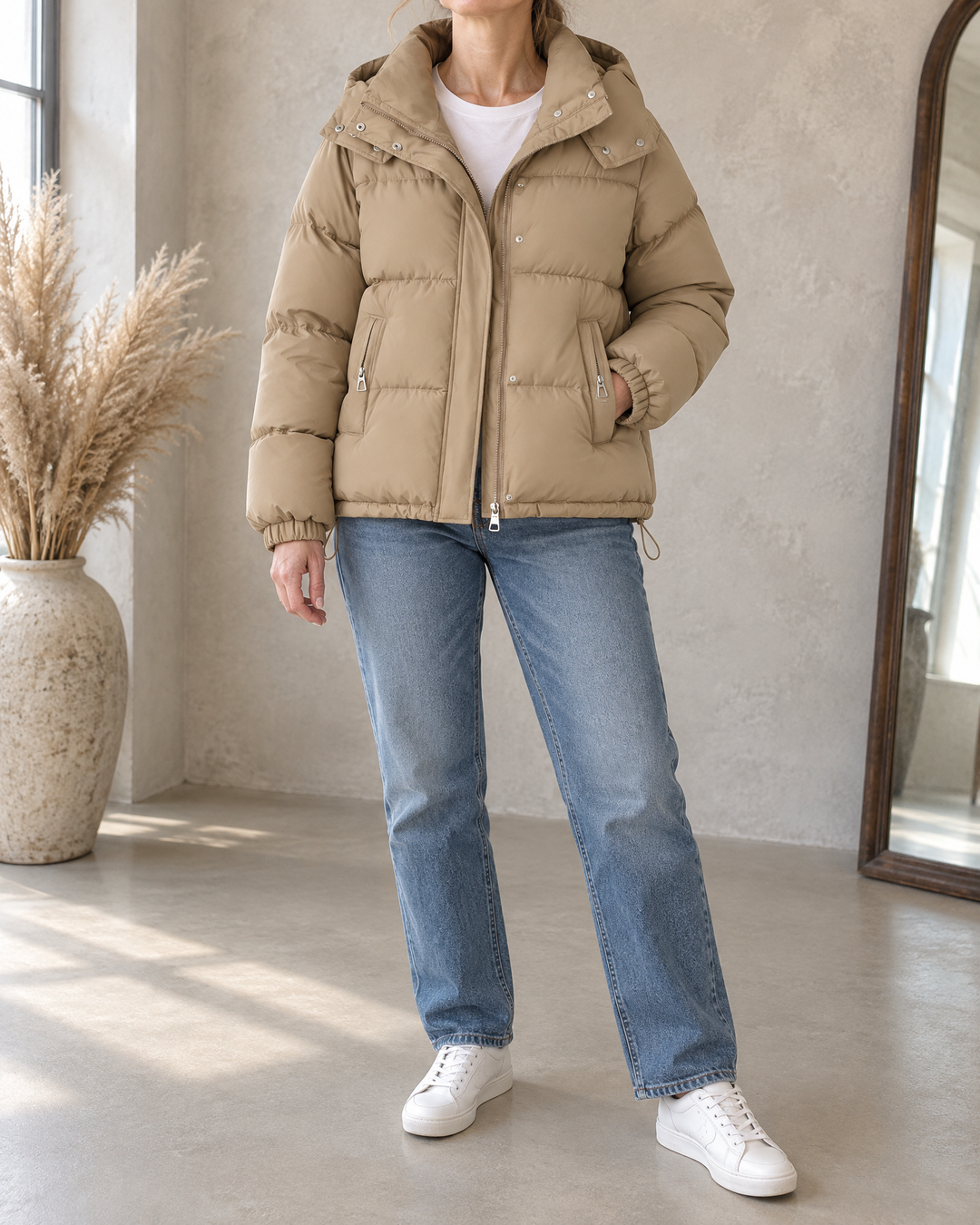 Audrey - Hooded Puffer Jacket in khaki, front view