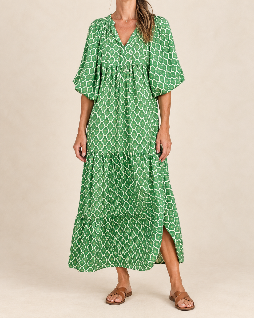 Florence - Puff Sleeve Print Maxi Dress in green, front view
