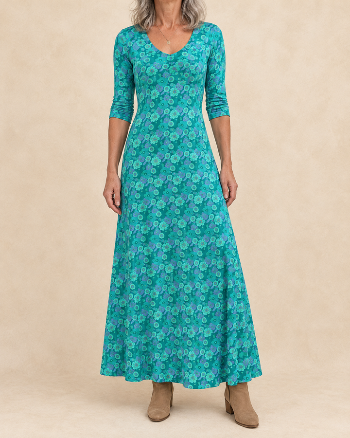 Romane - Floral Print Maxi Dress in teal floral, front view