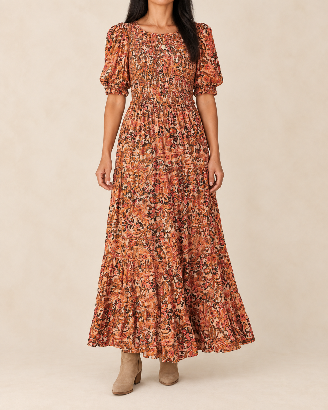 Garance - Frilled Waist Swing Maxi Dress in orange floral, front view