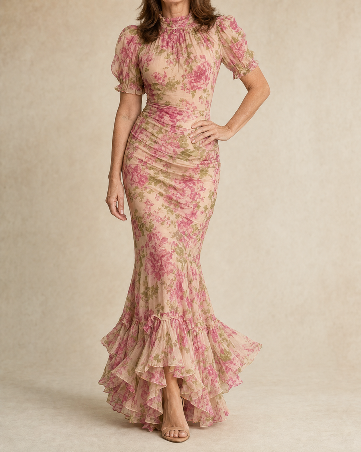 Delphine - Rose Print Maxi Dress in rose, front view